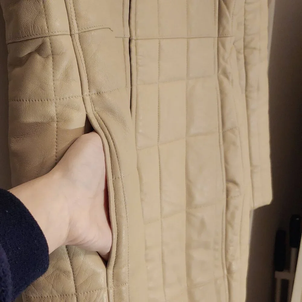 Avirex Leather Long Coat Quilted Beige High Neck Vintage 90s Minimal Jacket - Picture 12 of 13